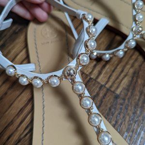 Tory Burch Emmy Pearl Thong Sandals, Linen White